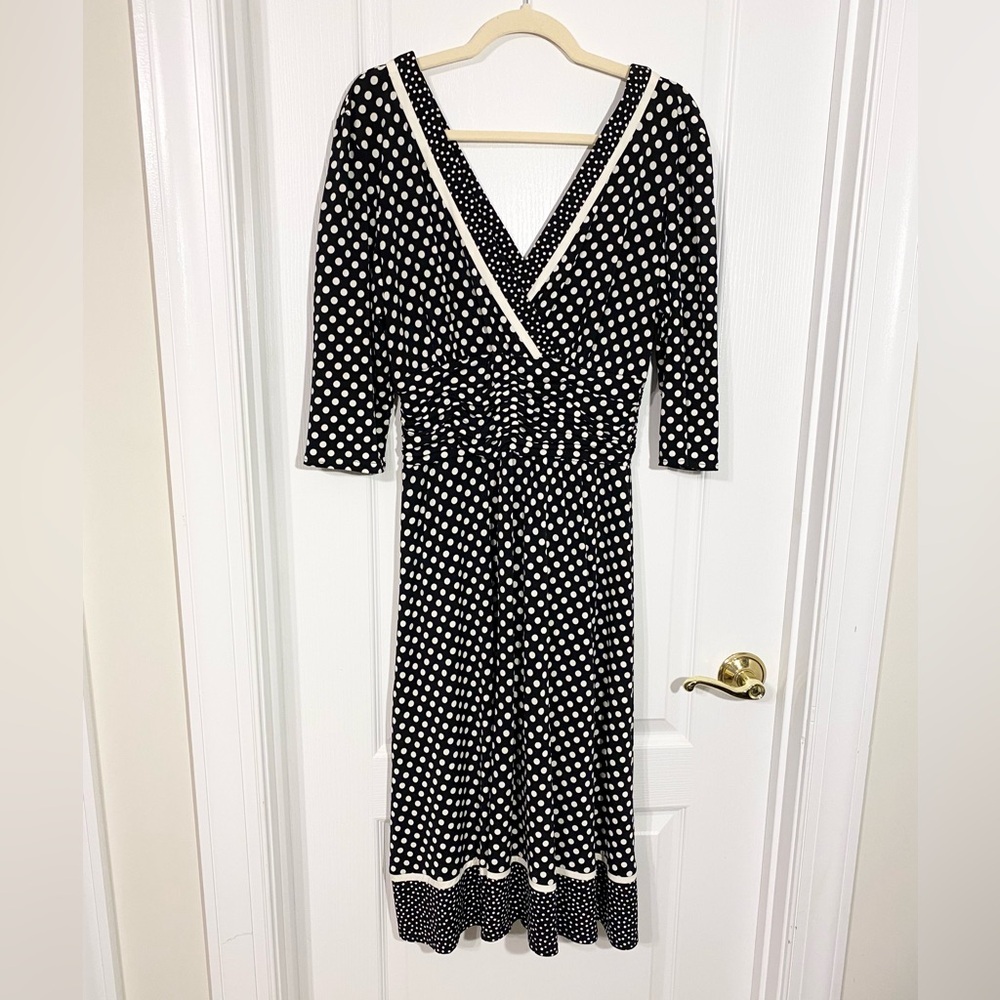 Y2K Polka Dot Deep V Surplice Neck Dress Contrast Trim Vintage Black Cream Sz 14